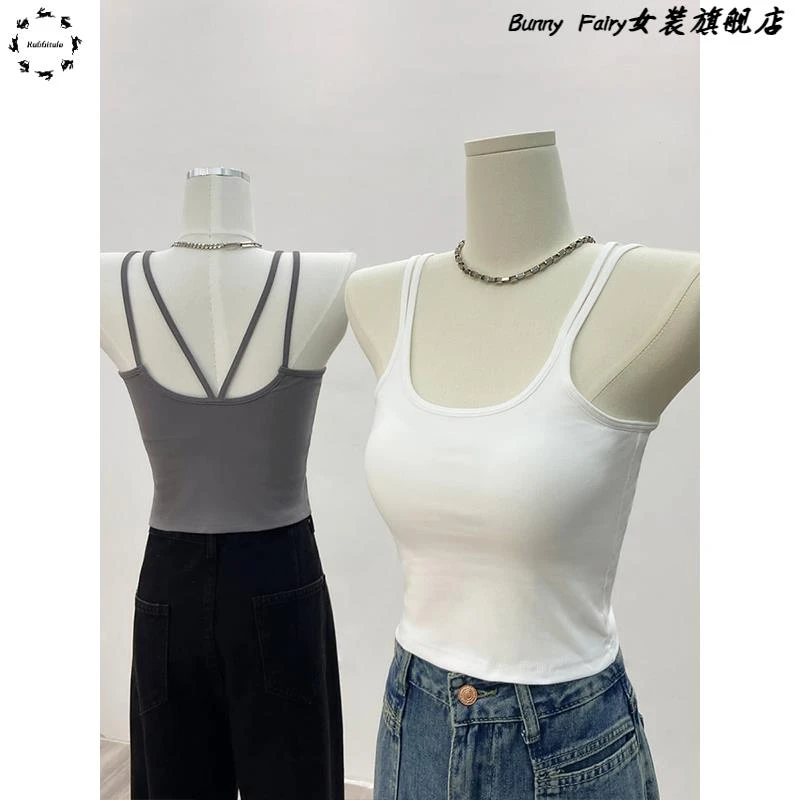 辣妹简约露脐短款背心女夏季带胸垫内搭吊带防走光无袖双肩带上衣