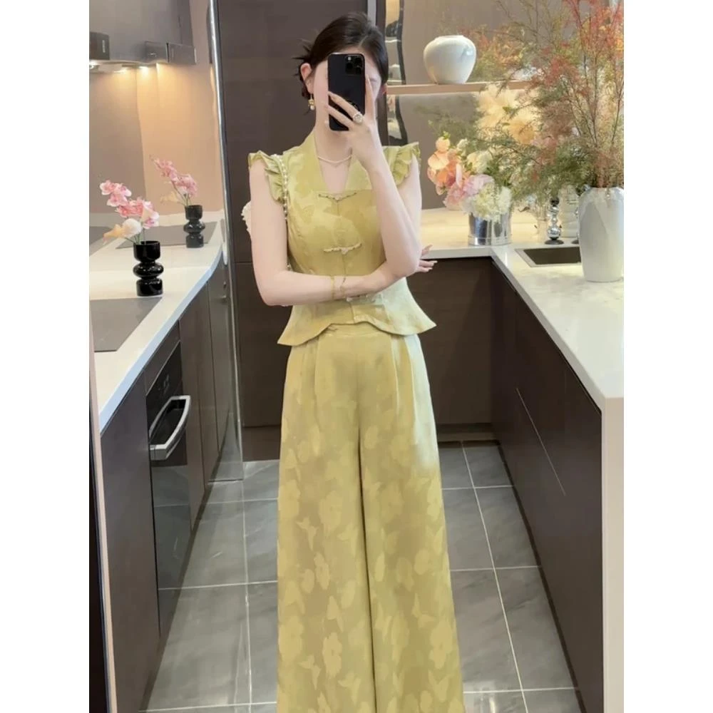 新中式改良套装女夏季V领盘扣修身上衣五一穿搭一整套新款阔腿裤