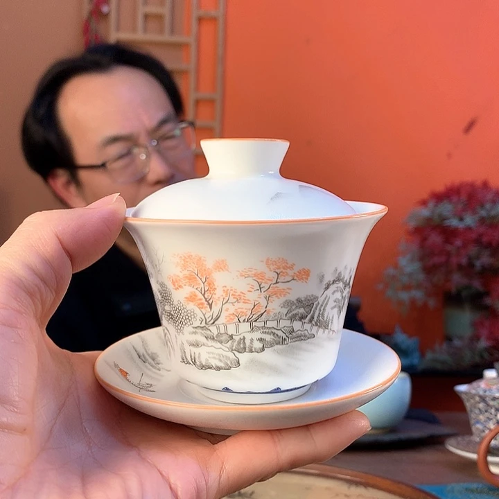 羊脂玉梦里水乡盖碗