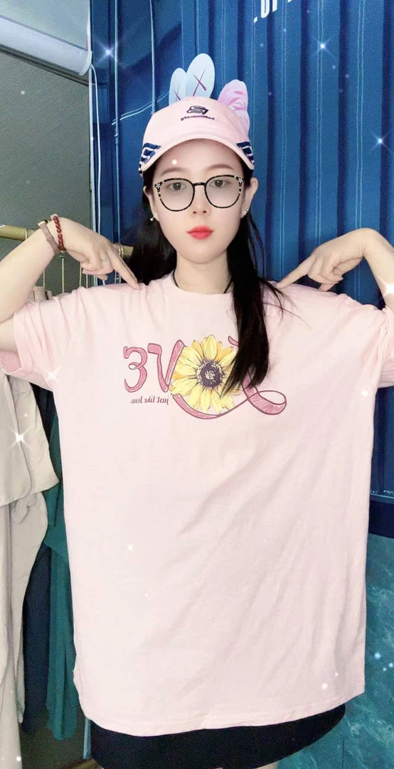 外贸纯棉大码T恤粉色太阳花