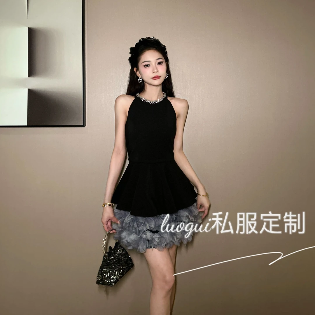 【花花原创】连衣裙无袖设计感花边连衣裙气质辣妹性感名媛 65307