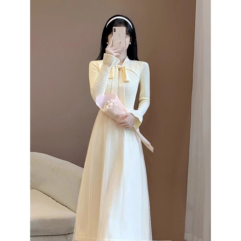 法式高级感针织连衣裙女2025春秋气质温柔内搭打底网纱中长毛衣裙