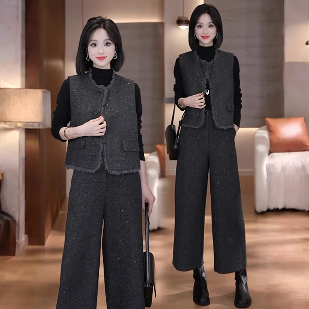 深蓝色小香风套装女秋季2025新款老钱风穿搭显瘦马甲阔腿裤三件套