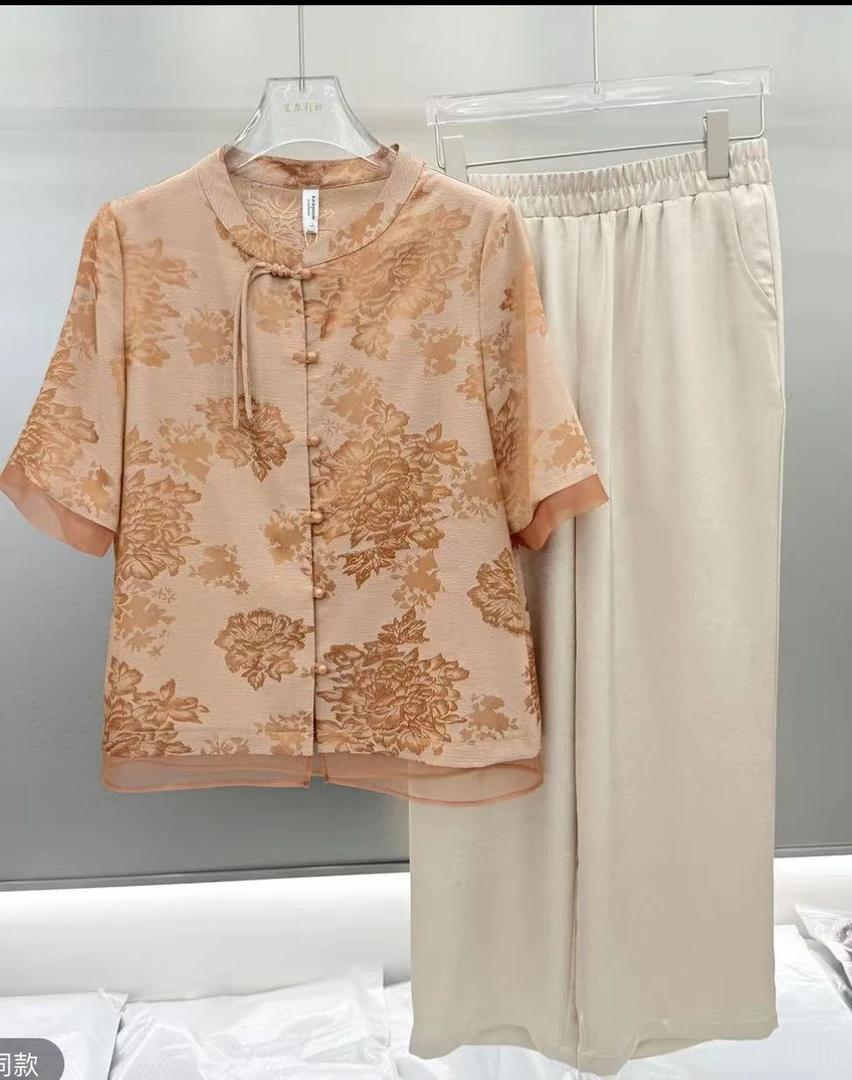 通勤时尚套装衬衫短袖裤子女装宽松休闲提花女士上衣夏季气质