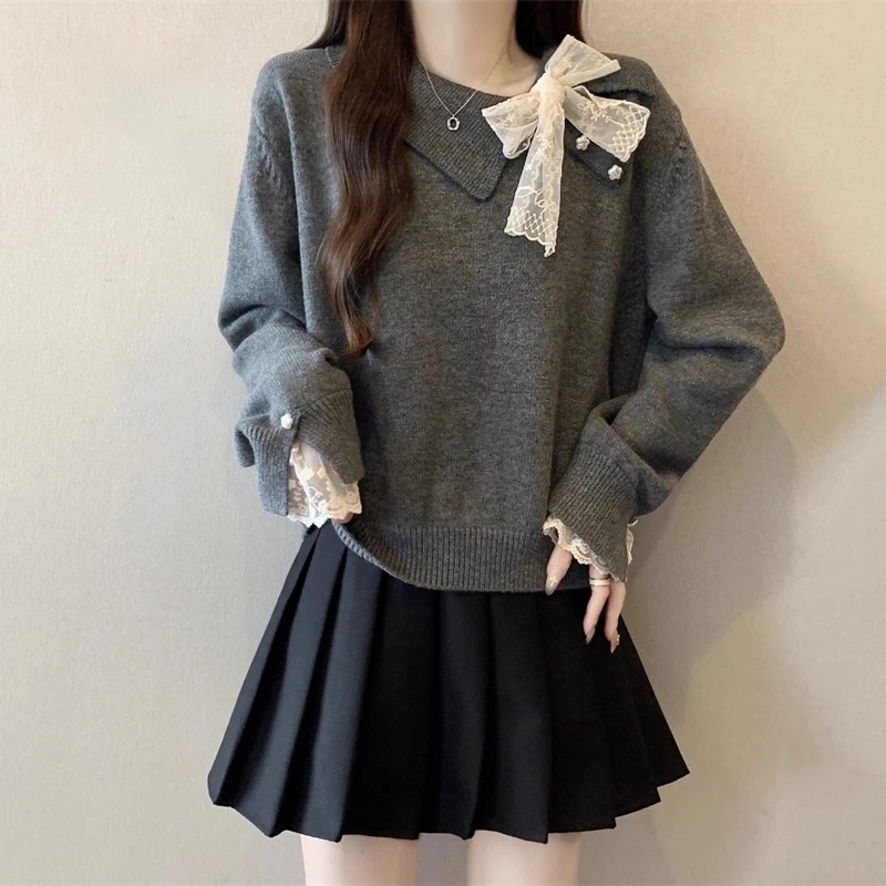 2025秋冬高级感灰色蝴蝶结正肩针织衫时尚百搭超好看蕾丝拼接上衣