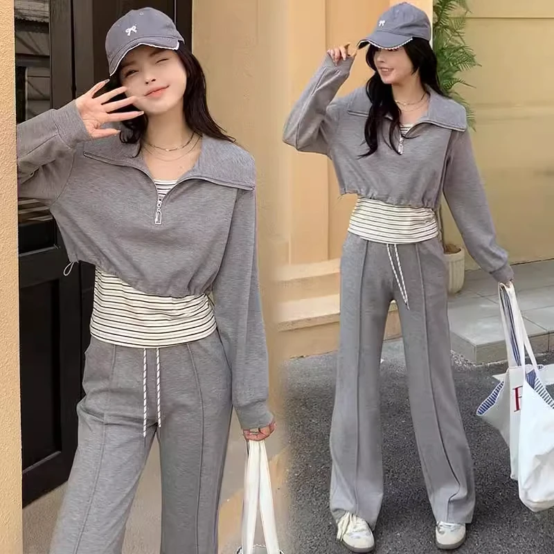 时尚休闲套装女春季穿搭一整套显瘦大翻领卫衣+背心阔腿裤三件套