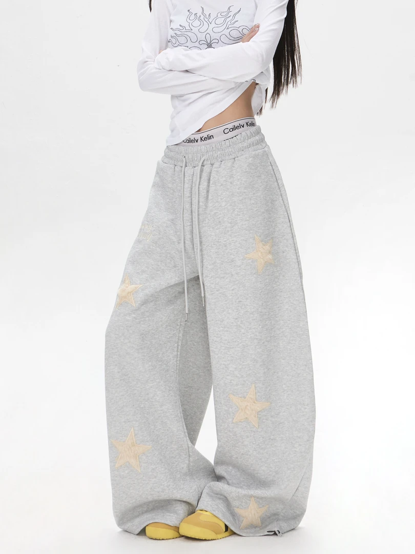 美式复古星星刺绣休闲卫裤女慵懒风松弛感直筒阔腿爵士舞拖地长裤