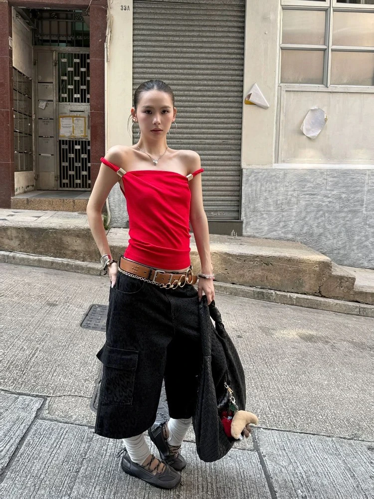 纯欲甜辣一字肩两穿吊带背心洋气松弛感上衣