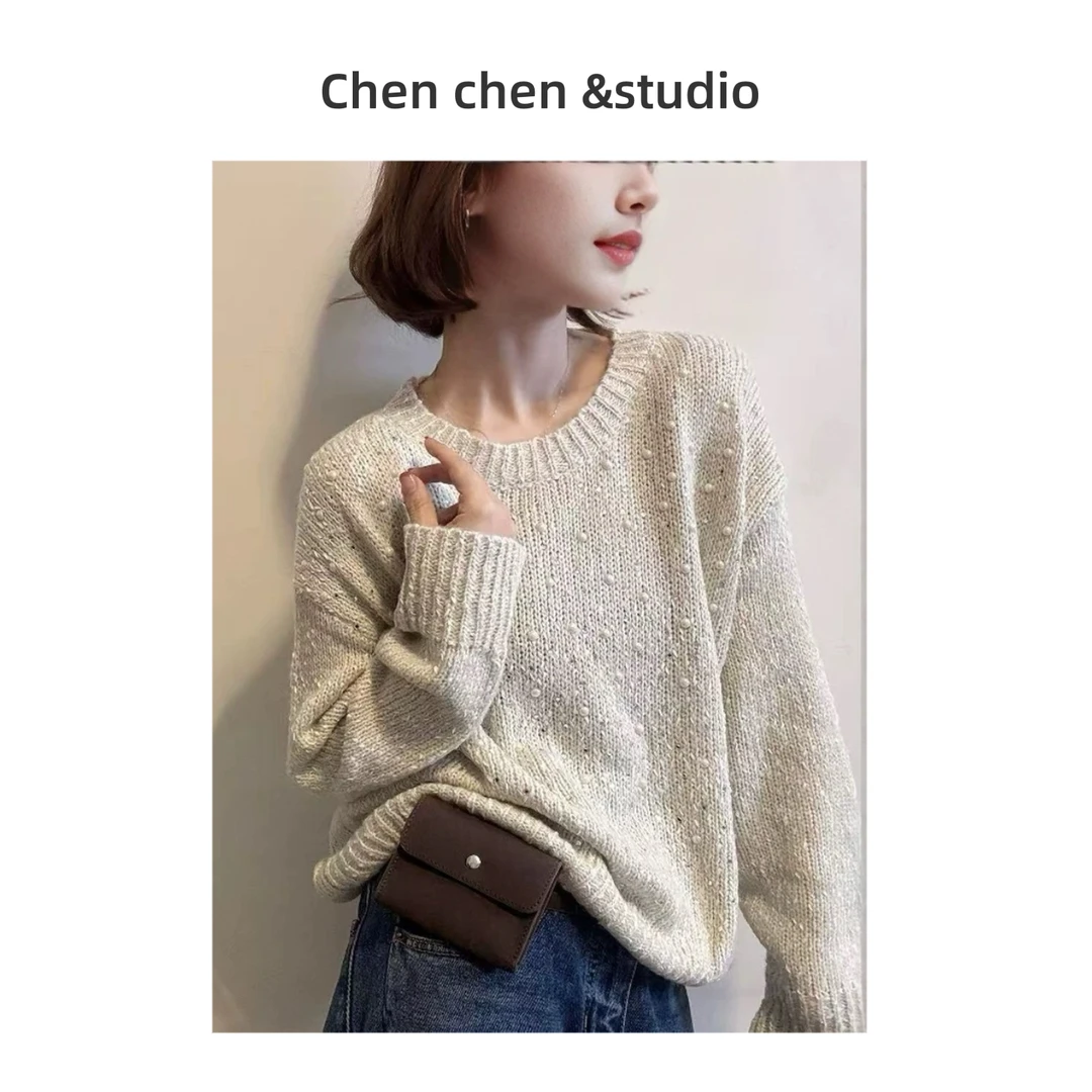 【亮片钉珠套头毛衣】韩系慵懒风宽松显瘦设计感长袖针织打底衫女