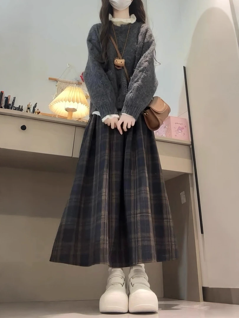 秋冬搭配一整套韩系穿搭灰色毛衣开衫内搭针织格纹半身裙三件套装