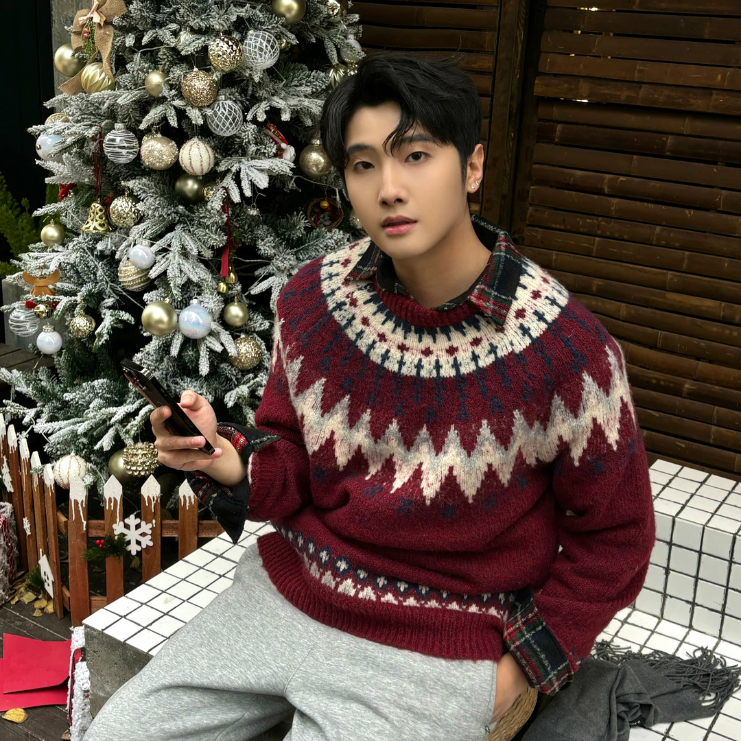 韩国男装 圣诞限定费尔岛风格圆领套头毛衣 粗针阔版情侣毛衣外套