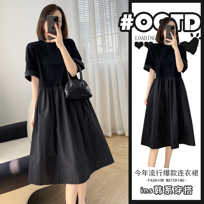 夏季2025新款黑色赫本风短袖连衣裙女韩版宽松洋气显瘦小众A字裙