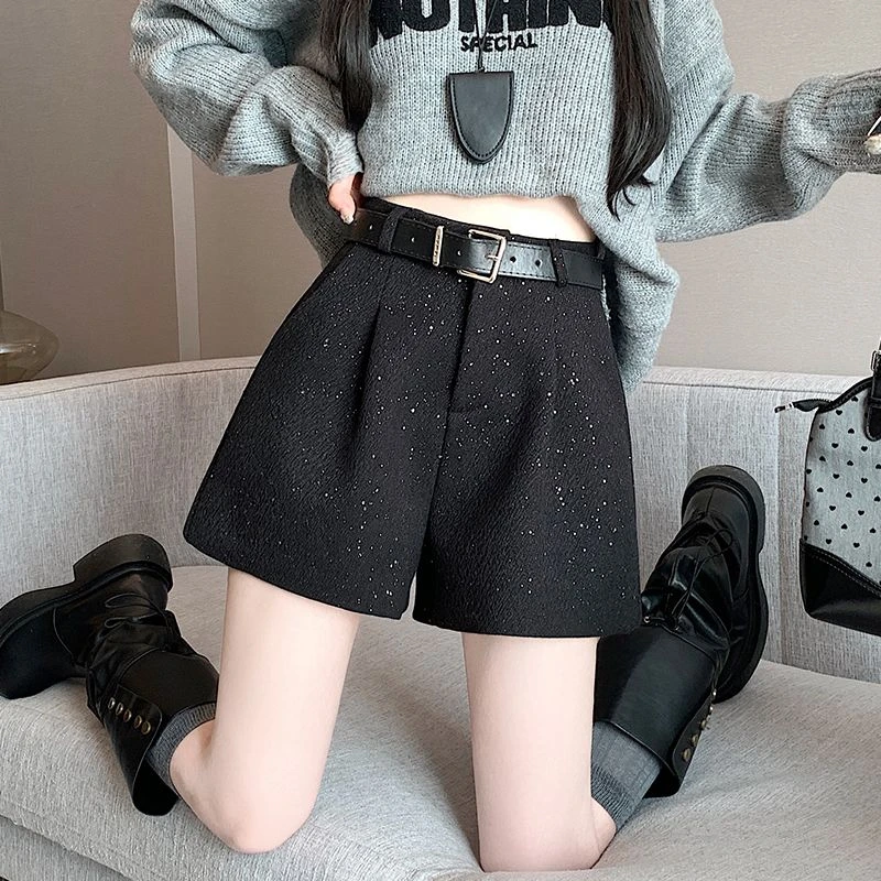 秋冬季高腰小香风闪闪重工亮片毛呢短裤a字阔腿裤靴裤子女 配腰带