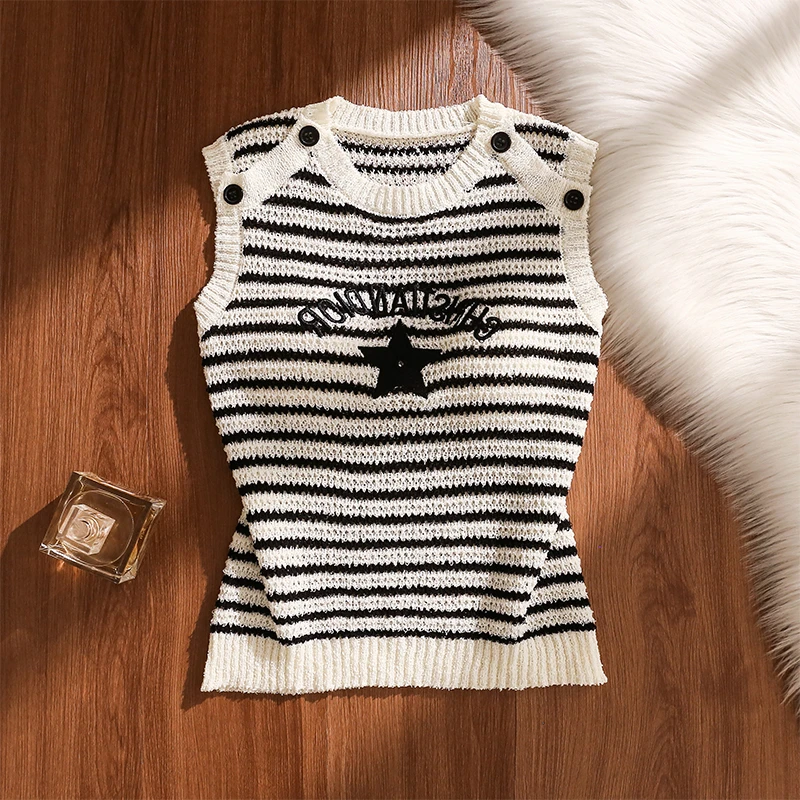 复古条纹针织马甲背心女夏外穿辣妹时尚气质修身叠穿坎肩无袖上衣