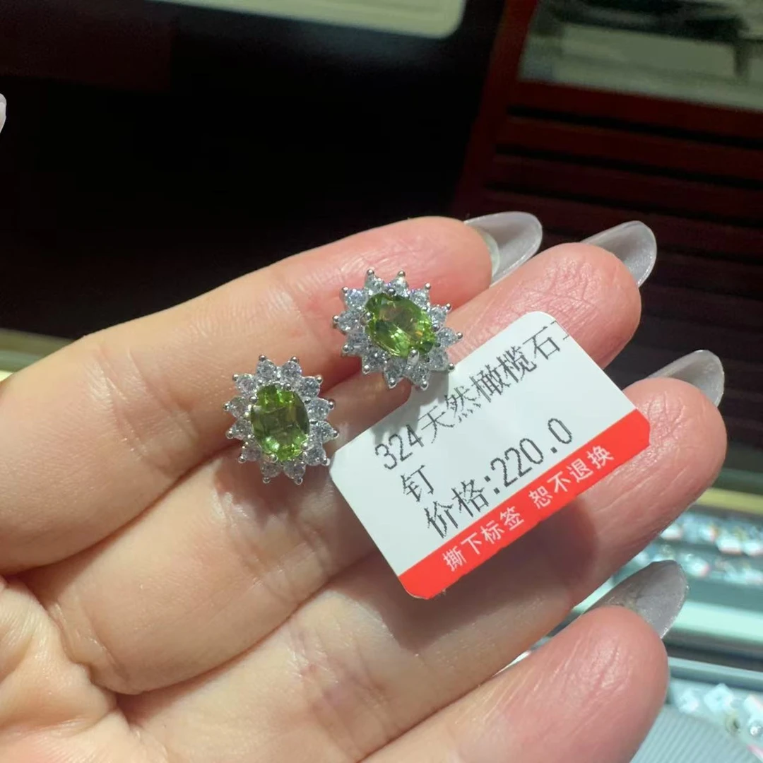 【324】天然橄榄石耳钉银s925