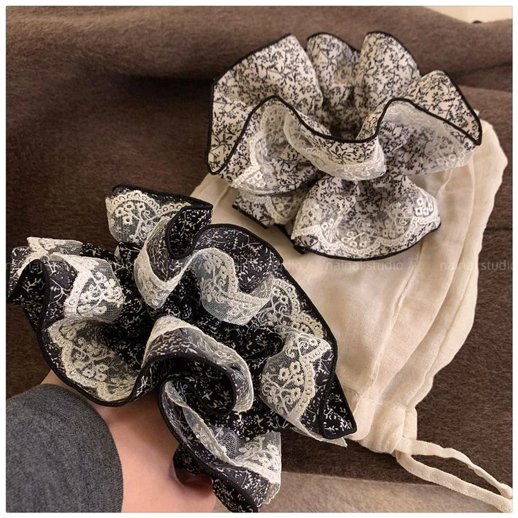 森系蕾丝碎花发绳大肠圈法式高级感裙边花苞丸子头发圈2025发饰品