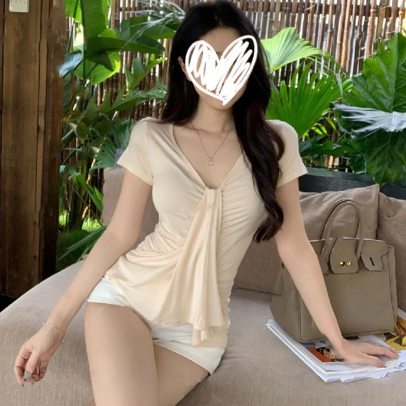 梦优莱纯欲慵懒风性感系带正肩短袖T恤夏季褶皱修身显瘦独特漂亮