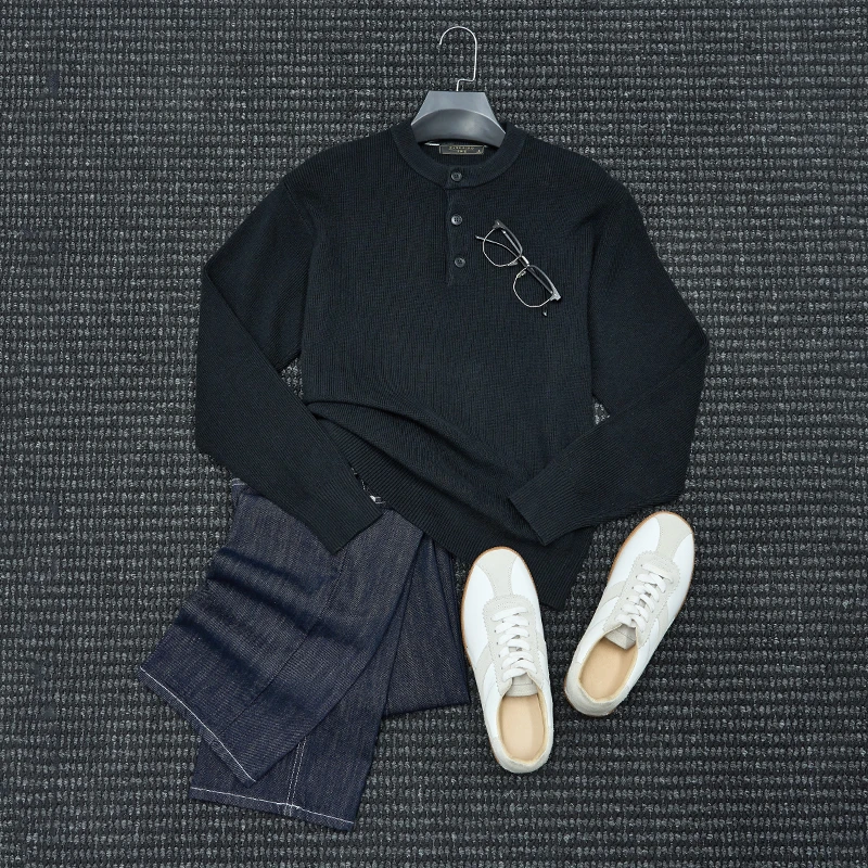 秋冬季商务亨利领慵懒风时尚针织衫修身休闲百搭圆领打底毛衣男