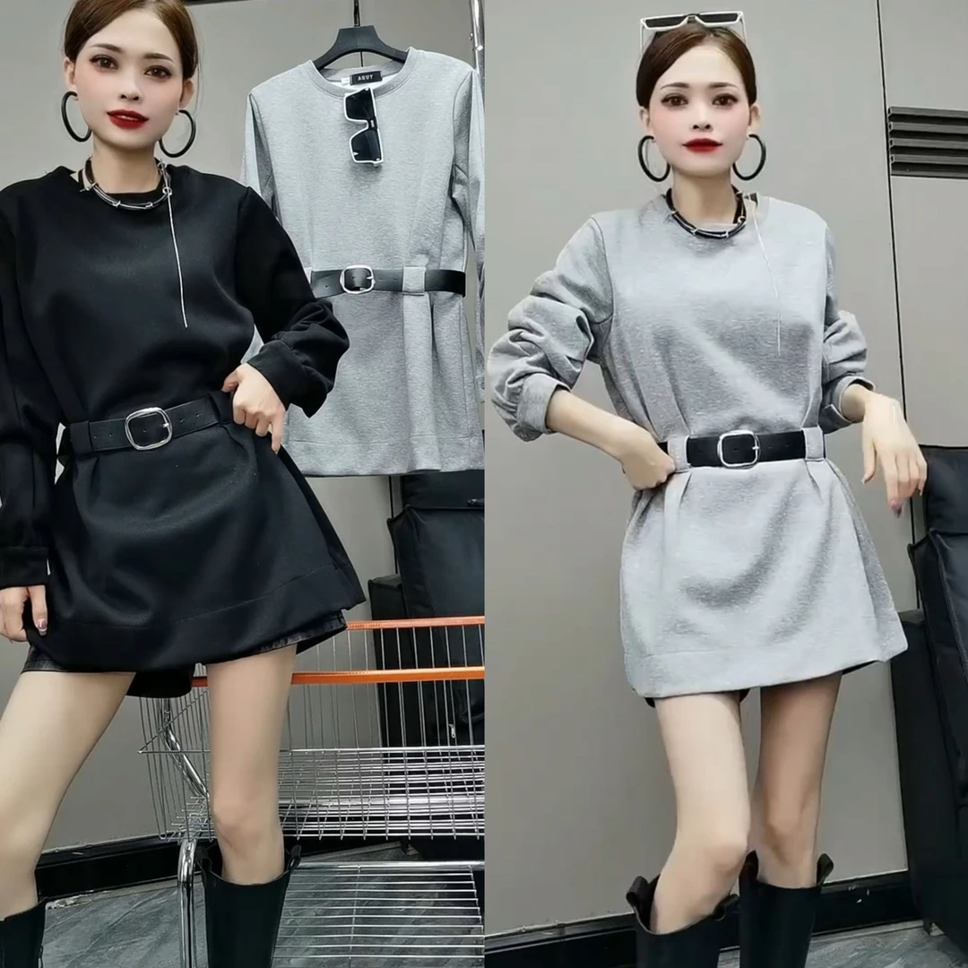 1535#TB欧货圆领新款腰带设计收腰显瘦宽松修闲百搭中长款上衣