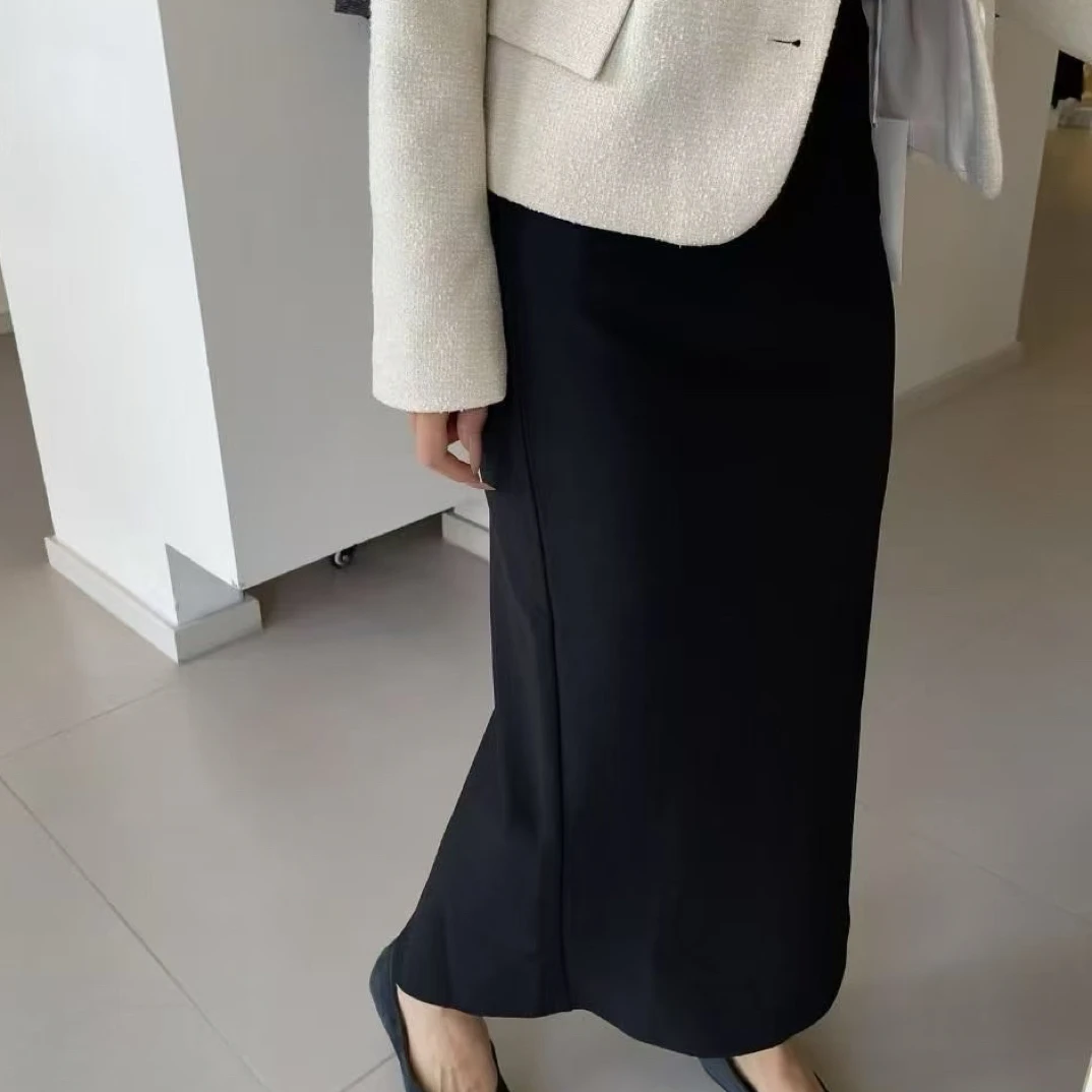 高弹乱麻 黑色中长款后开叉高腰显瘦西装半身裙适合小个子