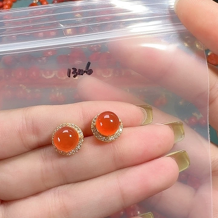 南红玛瑙银S925镶嵌耳饰