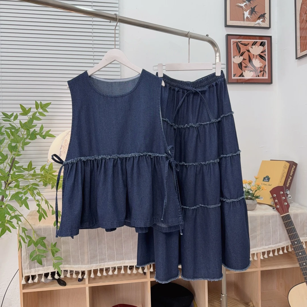 文艺穿搭牛仔套装复古风牛仔背心+遮胯显瘦A字拼接蛋糕裙