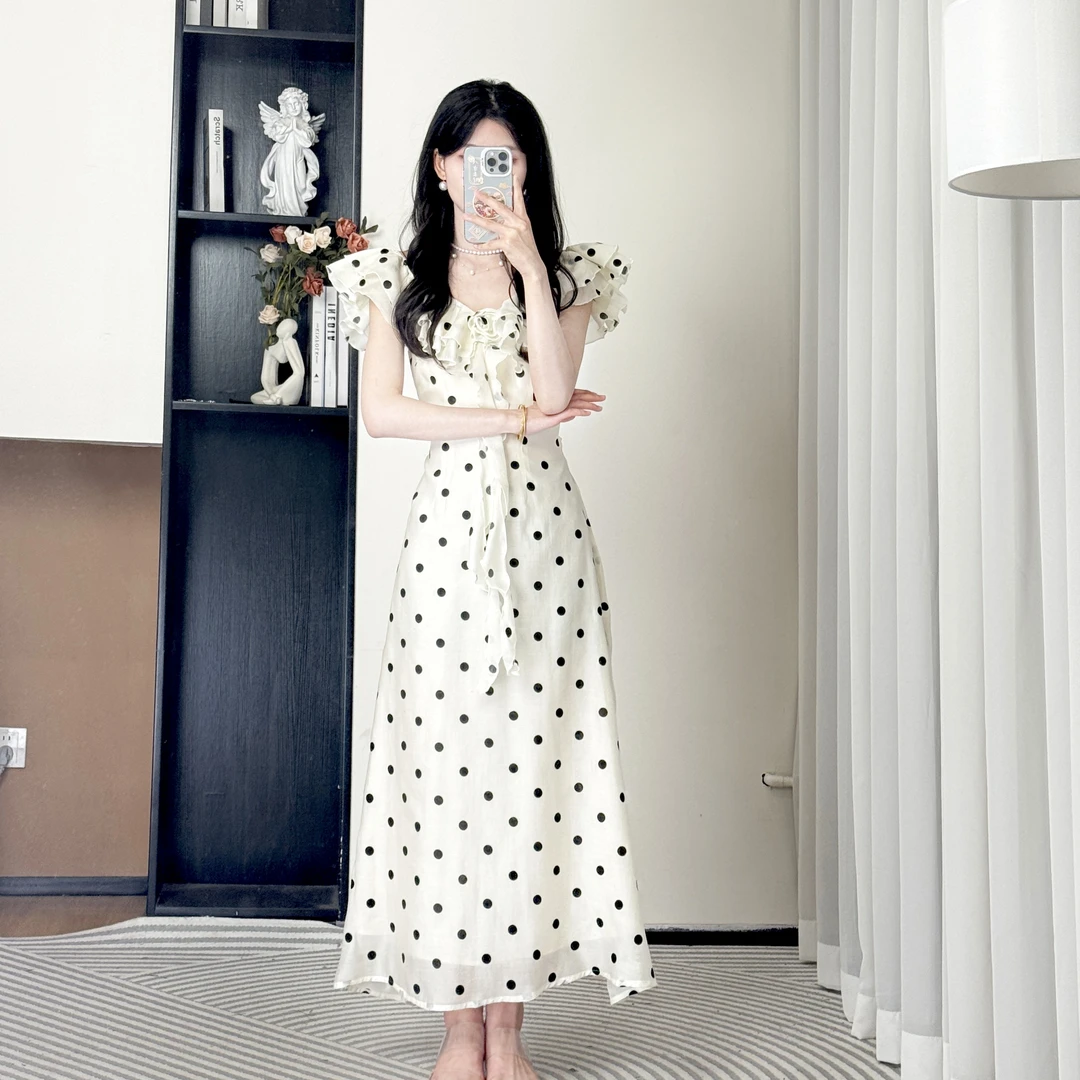 拉夏贝尔25夏现货青苍高腰温柔优雅无袖显瘦波点连衣裙 10410 SQC