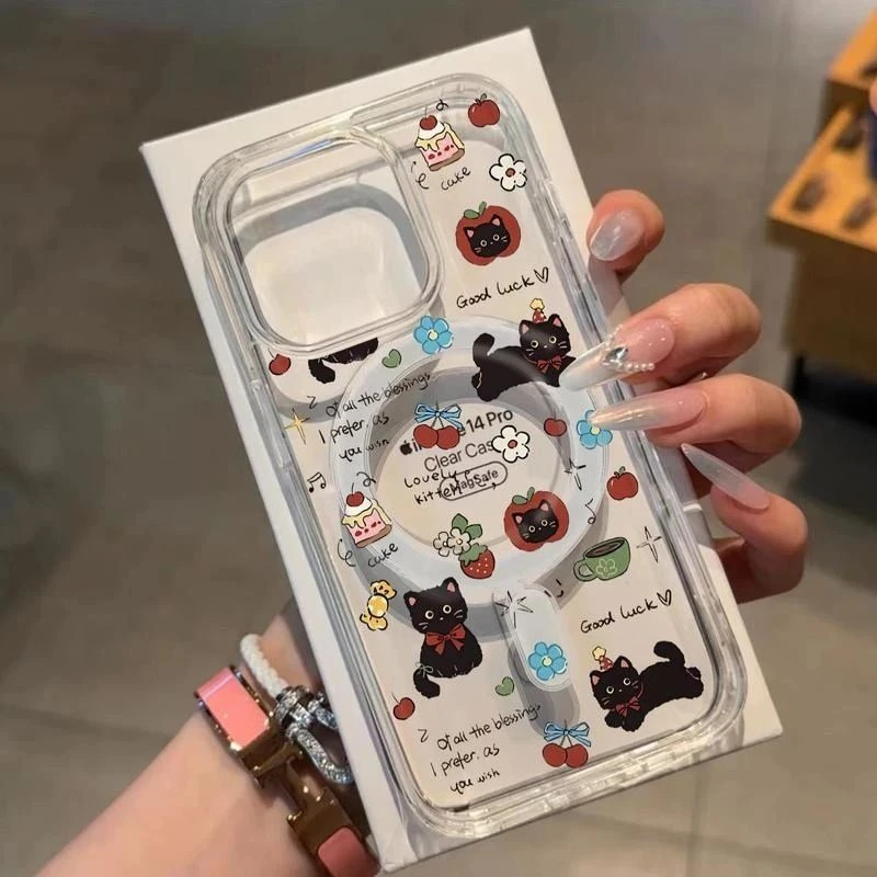 黑猫磁吸手机壳草莓黑猫磁吸适用于17P全包防摔保护