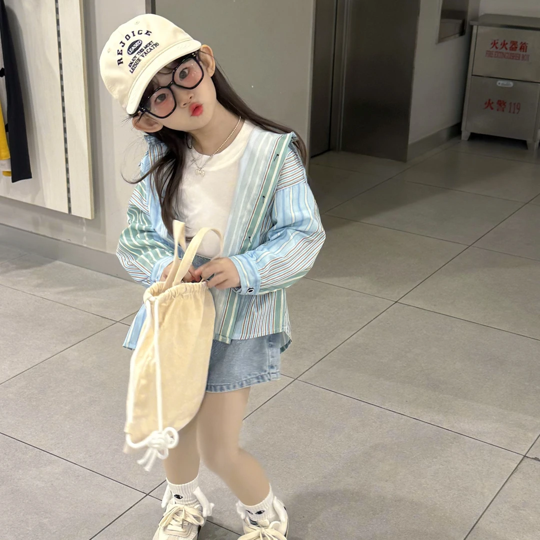韩版休闲轻薄条纹衬衣儿童T恤春夏装长袖时髦女童衬衣牛仔裤套装