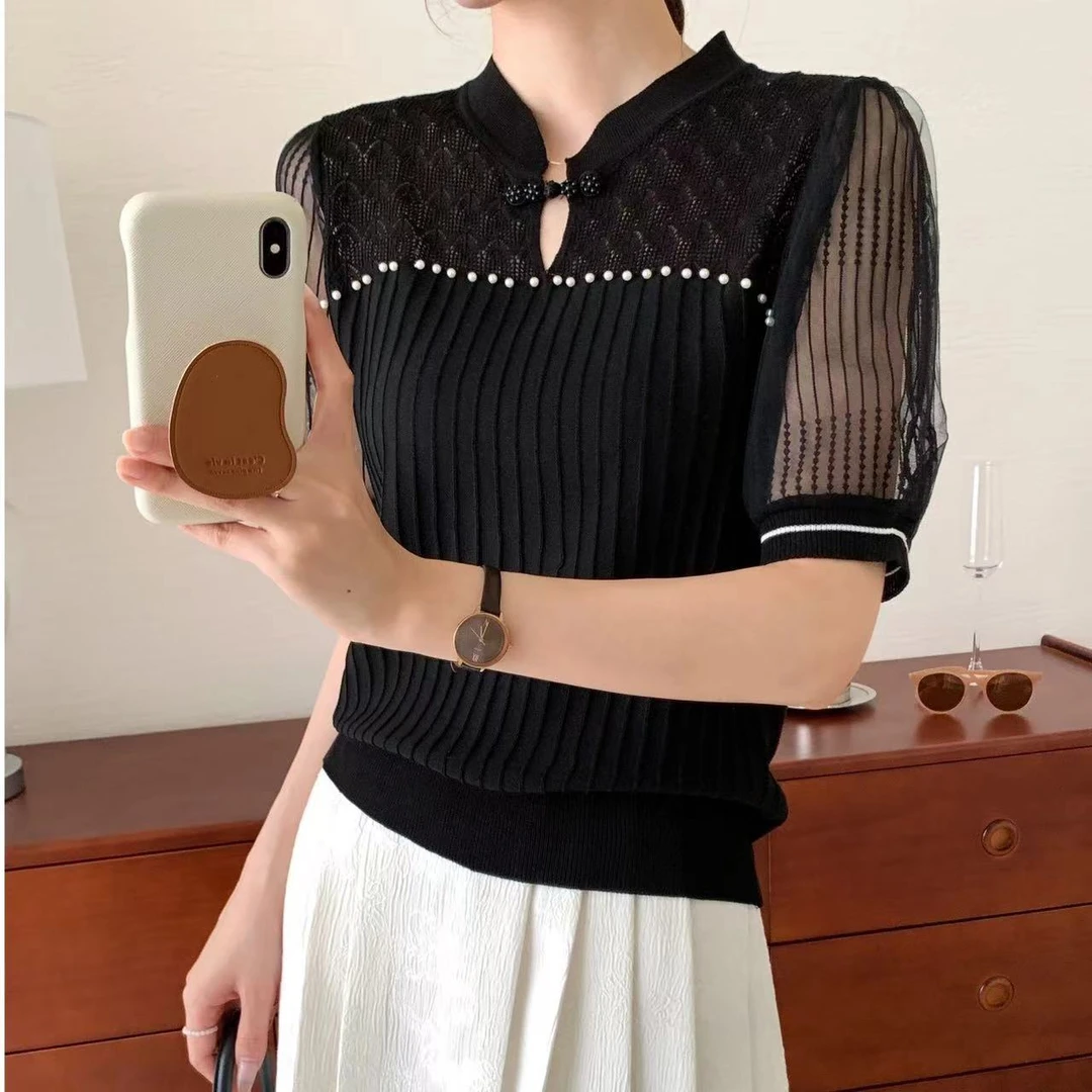 （编码001-100）2025春夏新款洋气条纹圆领镂空针织短袖上衣女修身