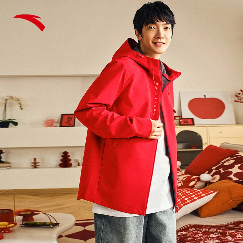 红色连帽运动外套男士冬季新款防泼水梭织夹克休闲上衣安踏本命年