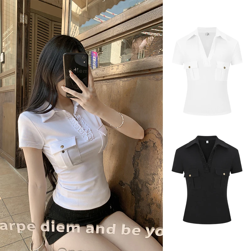 Moses Queen/魔西女王时髦凉感衬衫式V领口袋T恤收腰显瘦短袖上衣