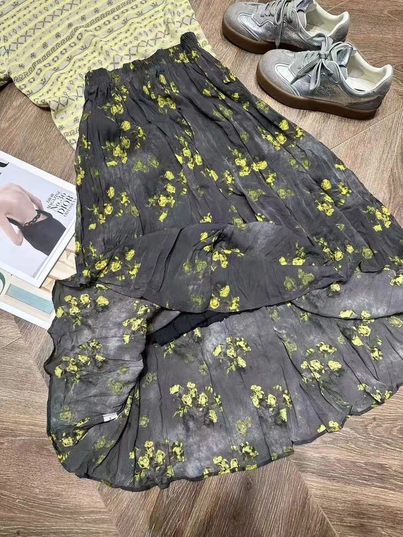 3699 春夏褶皱印花半身裙时尚减龄百搭碎花中长裙