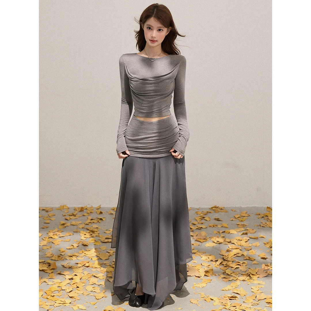 谢不肉 荡领慵懒长袖T恤女秋拼接堆堆不规则半裙套装50428/50429