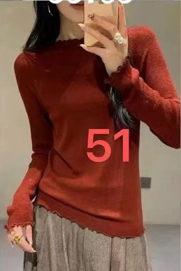 99789欧货荷叶边领烫钻长袖针织衫女冬春季新款修身显瘦百搭毛衣