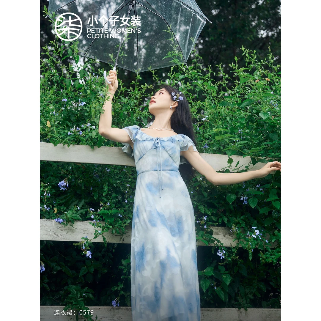 【柒量一裁】0579小个子蓝色小飞袖系带收腰连衣裙优雅气质显瘦裙子