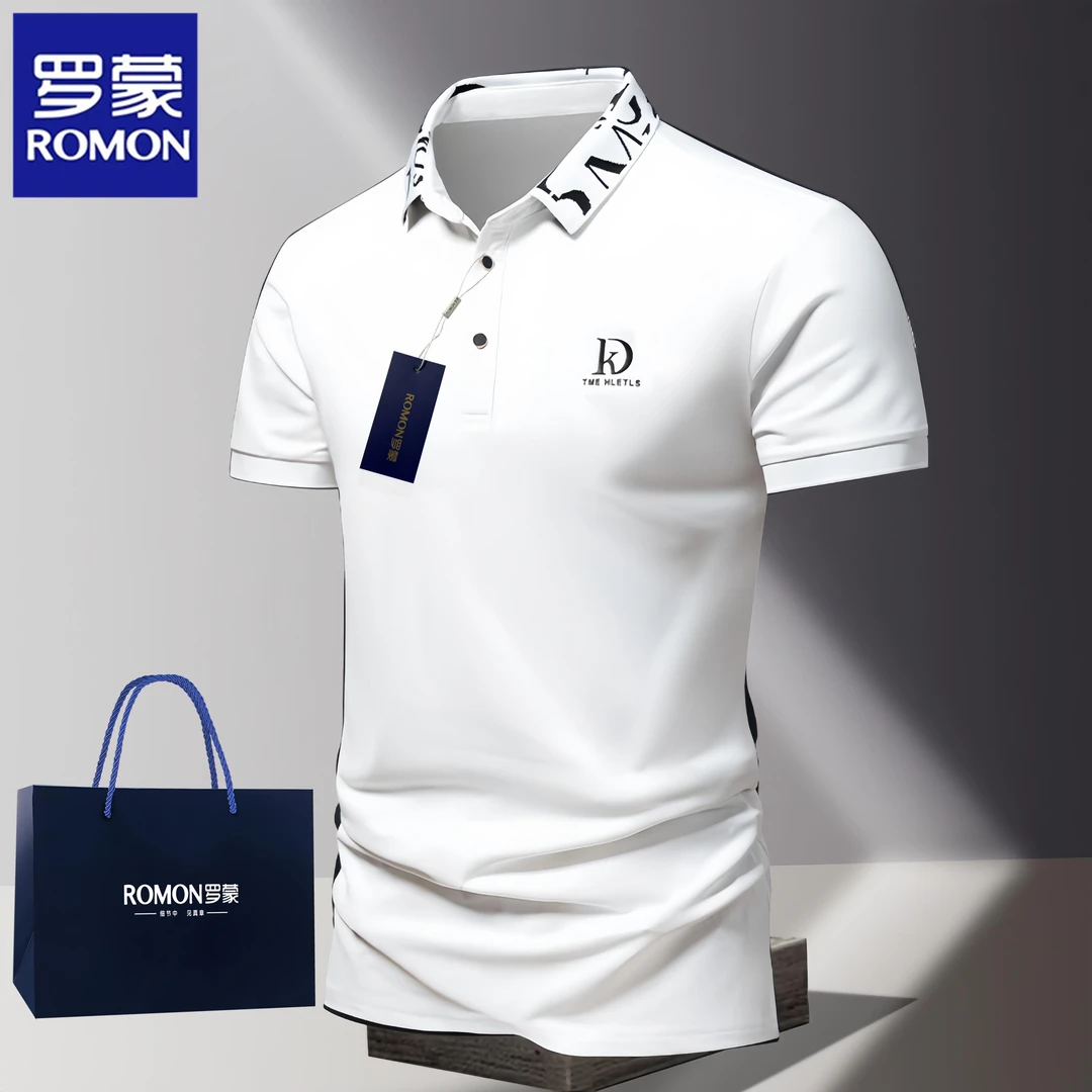 Romon/罗蒙夏季男士polo衫新款翻领短袖T恤轻奢百搭透气修身刺绣t