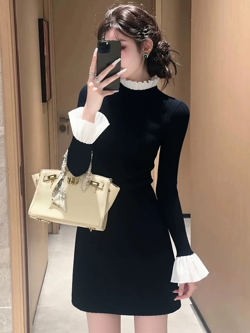 早秋精致小个子穿搭高级感巨好看重要场合赫本风黑色拼接连衣裙女