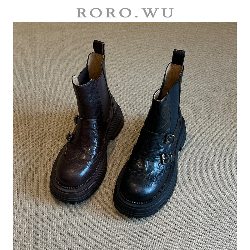 娆娆吴·头层羊皮复古设计感轻奢秋冬弹力靴日常气质百搭女靴X484