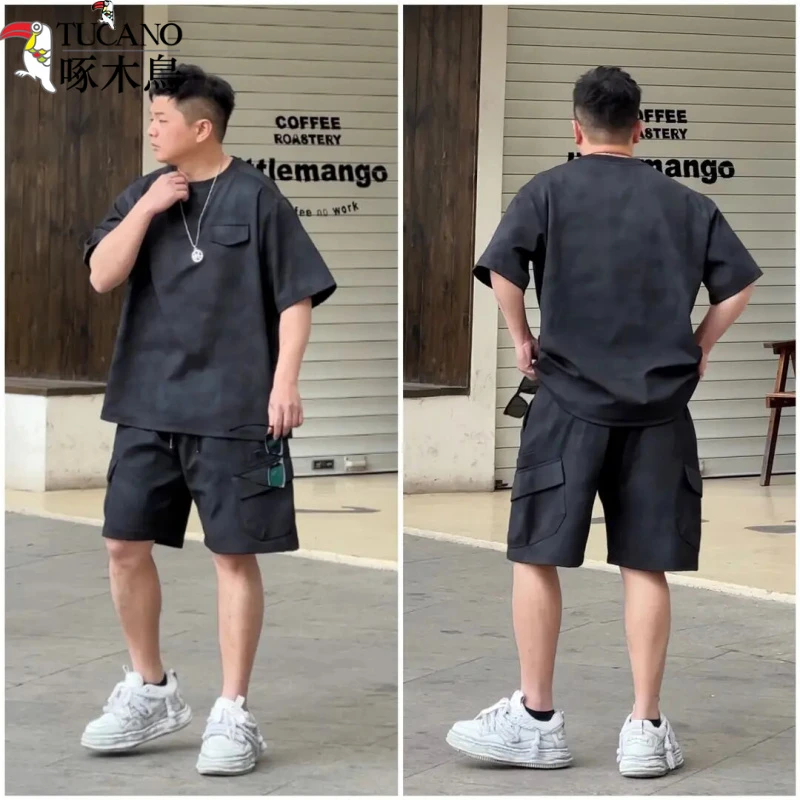 啄木鸟夏季新品美式复古水洗扎染短袖套装工装风简约休闲宽松短裤