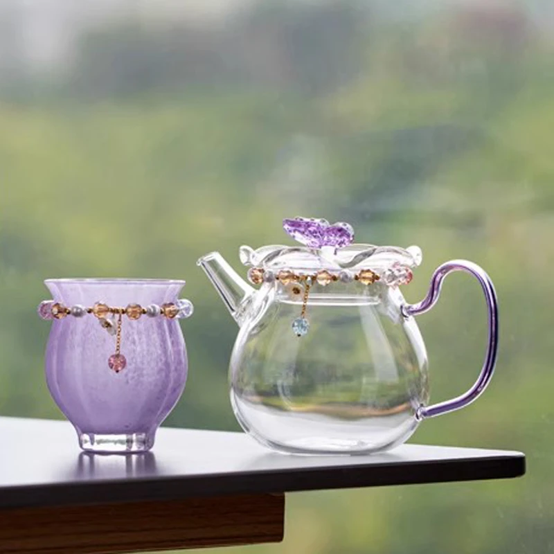 透明蝴蝶紫色茶壶耐热玻璃煮茶壶煮茶壶单壶家用茶具