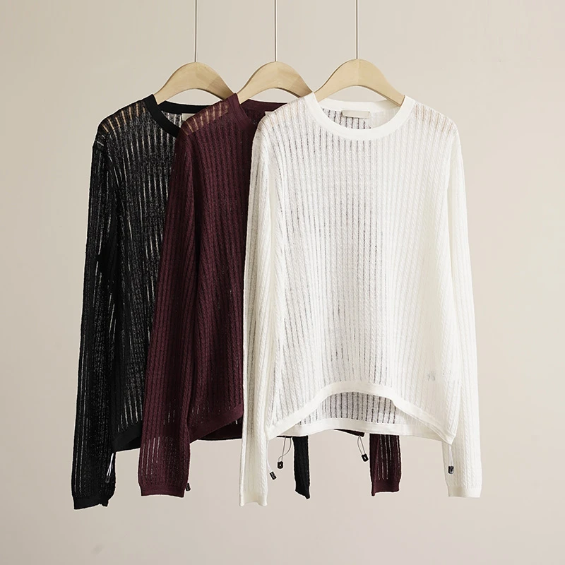 亚麻黏胶绞花镂空圆领套衫女士上衣（250852）2845