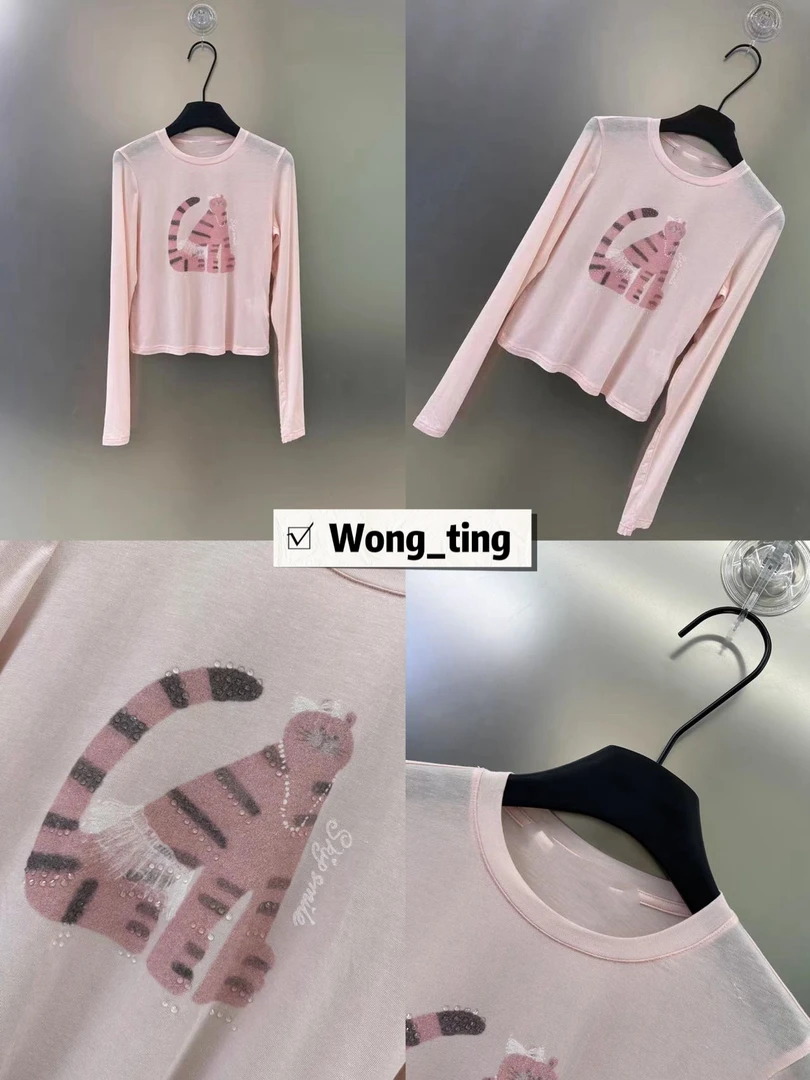 【W_ting】2025夏款小众设计师小粉虎图案防晒短款T恤17967
