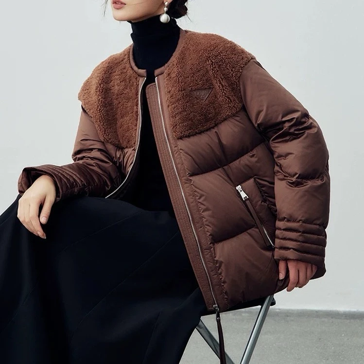 ZIKUO/紫阔25新款圆领设计皮毛一体拼接鹅绒填充中长款鹅绒服3121