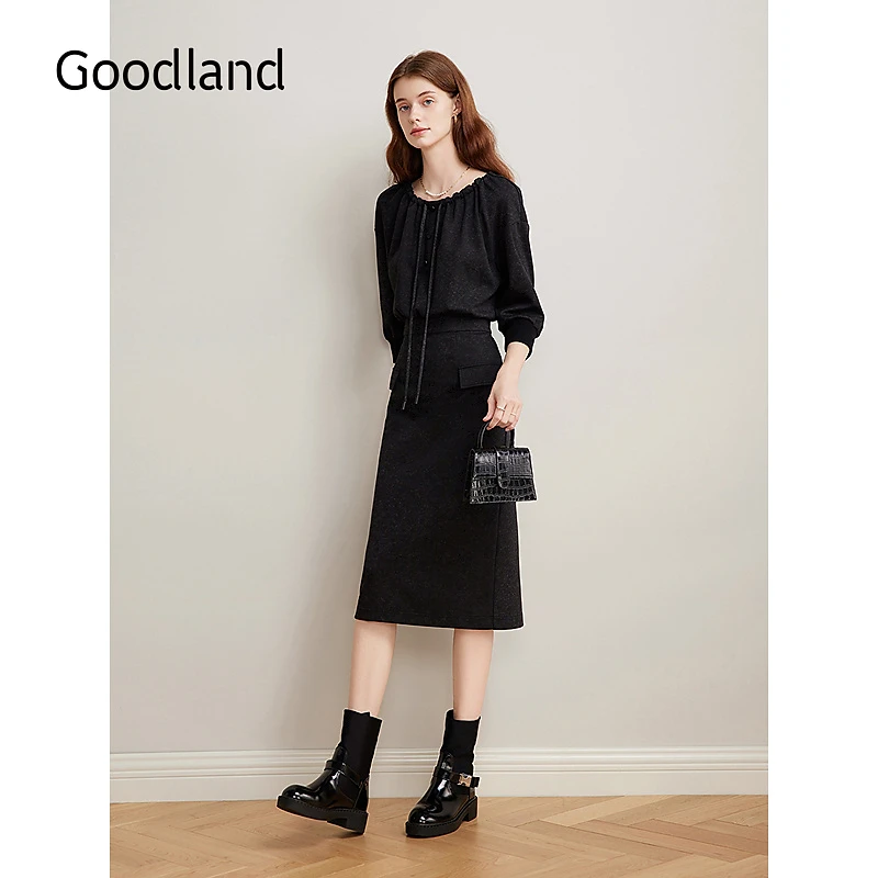 Goodland美地2025春季新款法式复古羊腿袖优雅显瘦针织连衣裙