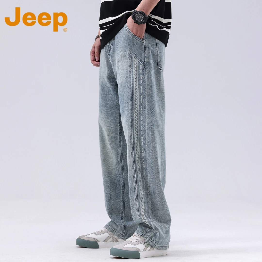 Jeep吉普美式高街水洗牛仔裤男款秋季宽松休闲耐磨直筒阔腿长裤男