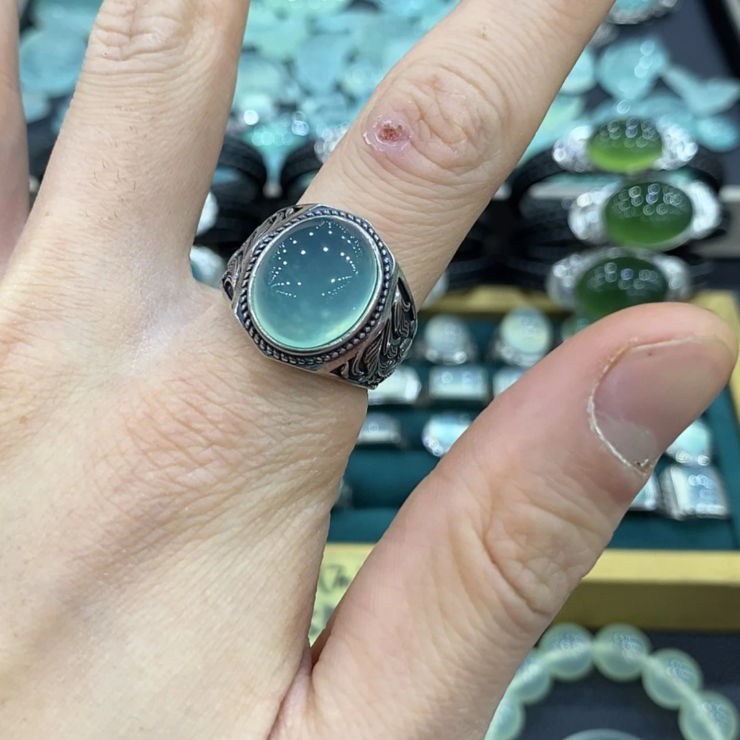 【闪购商品】银S925镶嵌蛇纹石玉戒指