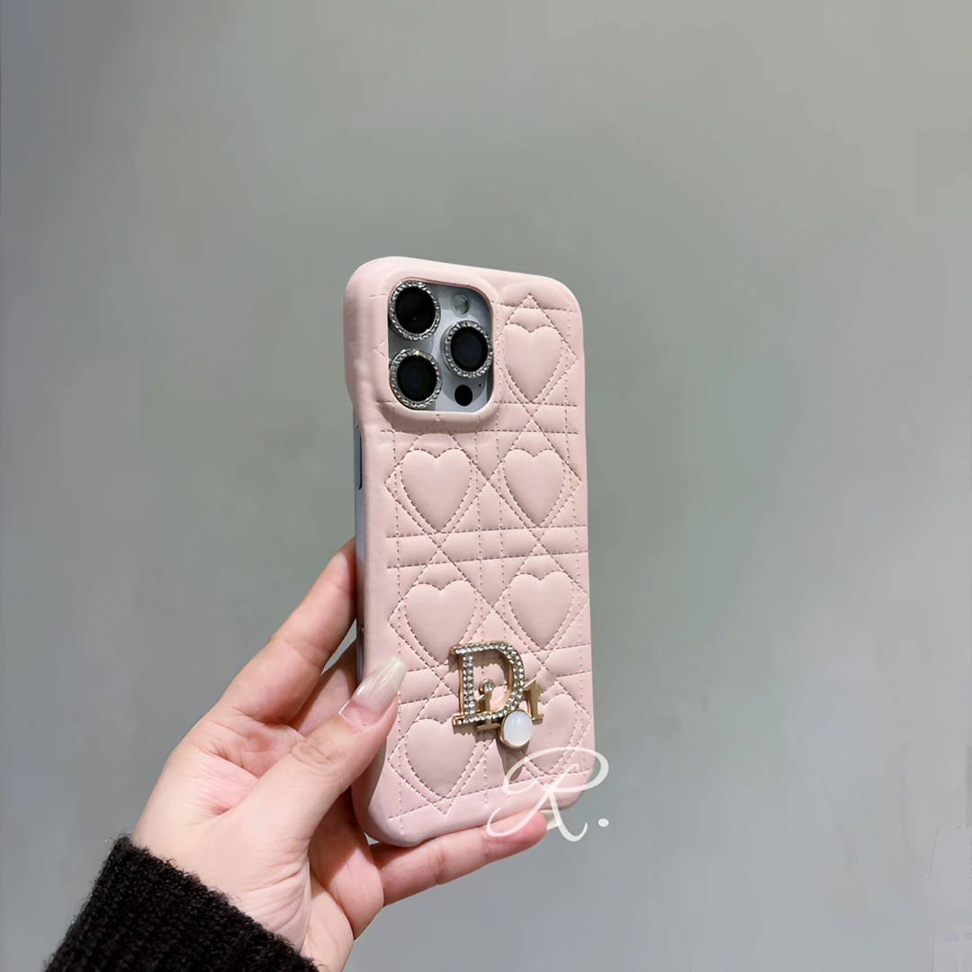 秋冬高定皮质菱格心形新年手机壳粉色适用苹果iphone16pro/半包壳