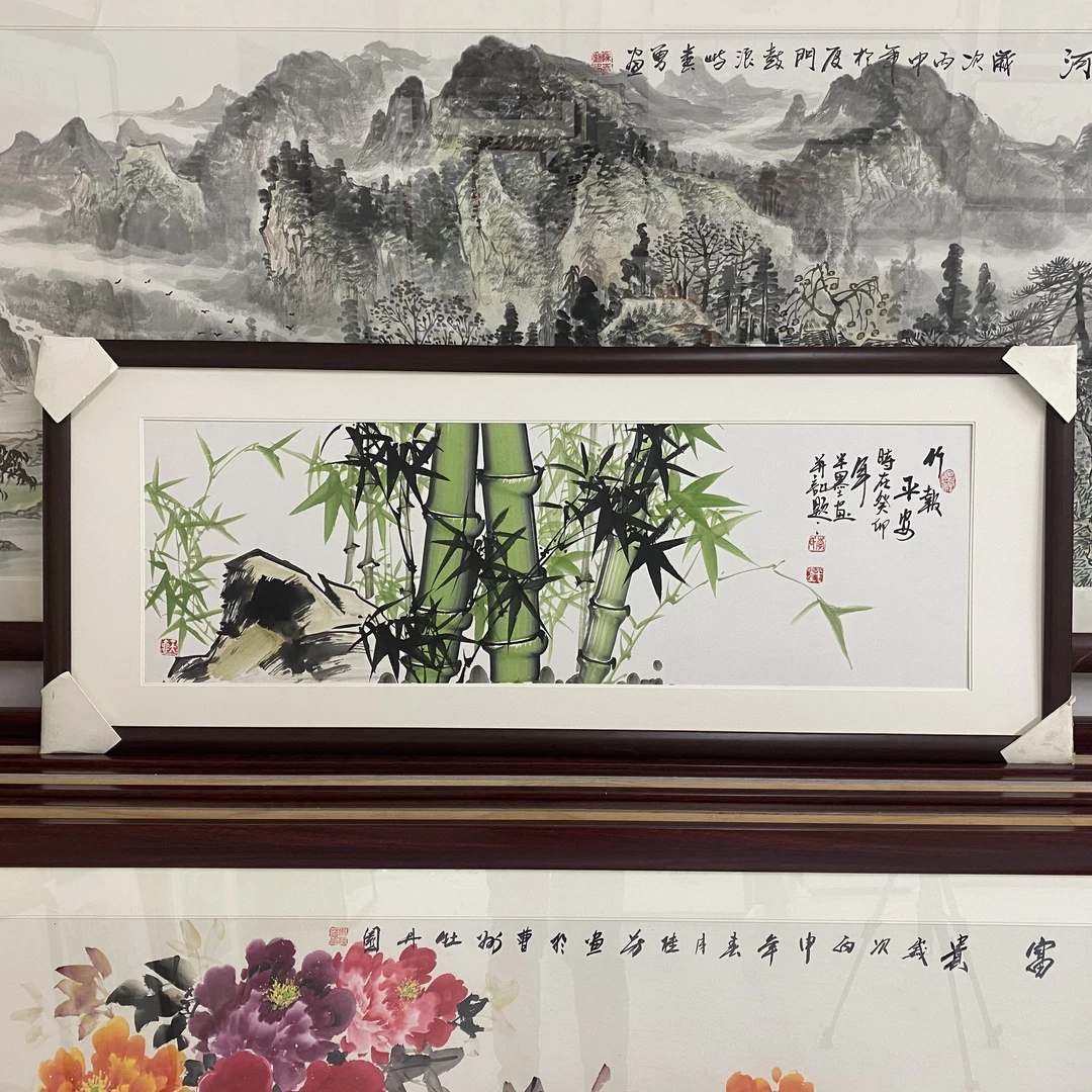 手绘国画竹报平安客厅卧室办公室（三尺对开长条）带框包邮