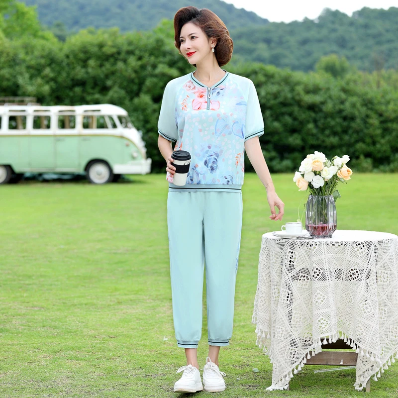 妈妈夏装休闲运动套装夏季新款中年洋气印花短袖中老年女装两件套